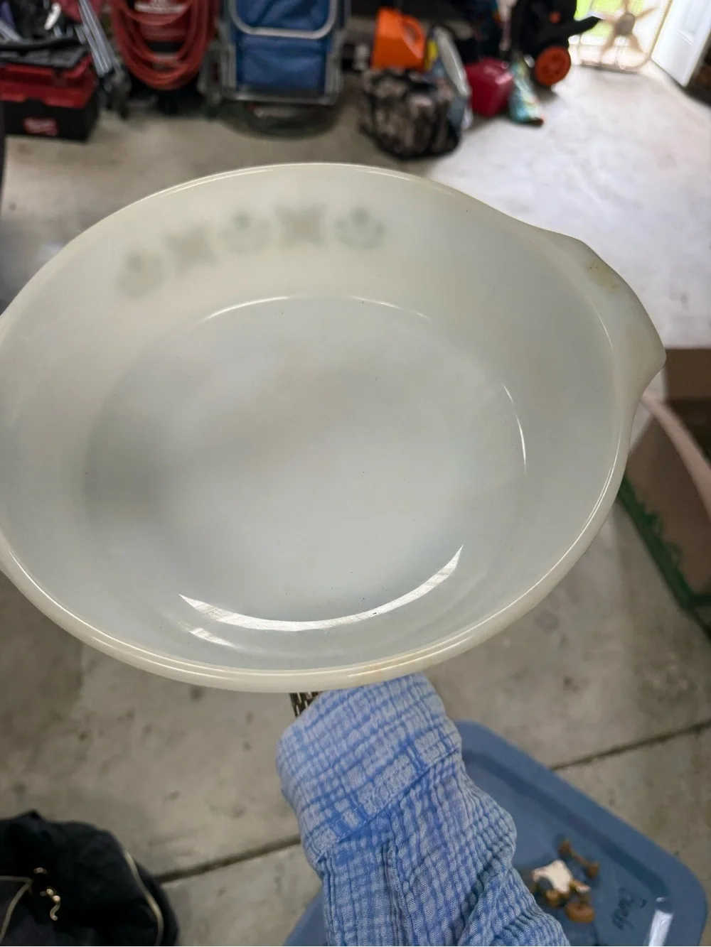 Vintage Milk Glass Casserole Dish with Green Floral Pattern